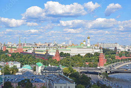 General view of the Moscow Kremlin. The photo was taken from the observation platform of the Cathedral of Christ the Savior. Russia, Moscow, August 2018.