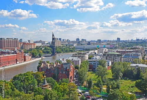 Panorama of Moscow with a view of the monument to Peter I. The photo was taken from the observation platform of the Cathedral of Christ the Savior. Russia, Moscow, August 2018.