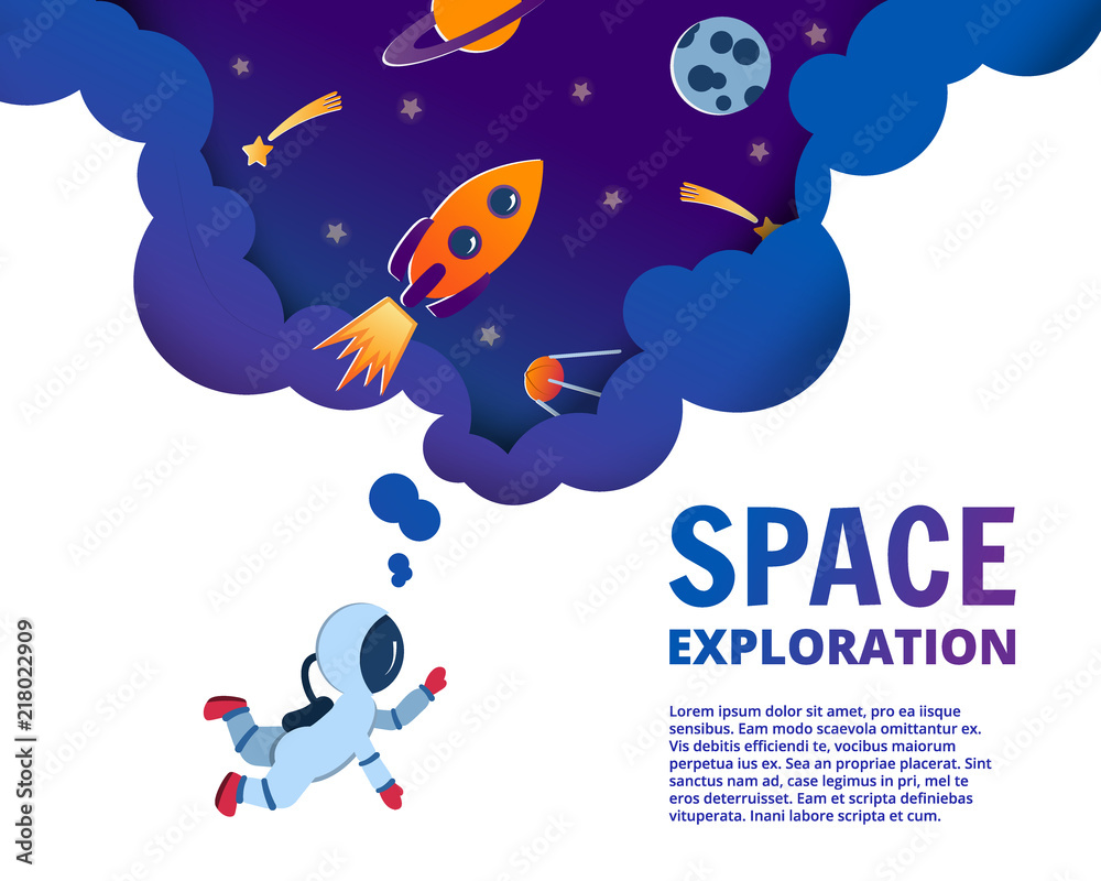 start up business concept and exploration idea, vector art and illustration. Astronaut dreaming about space. Cartoon