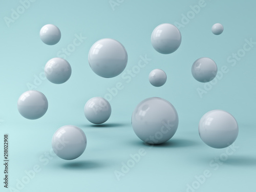 Abstract white flying 3d spheres on cyan background with reflection and shadows 3D rendering