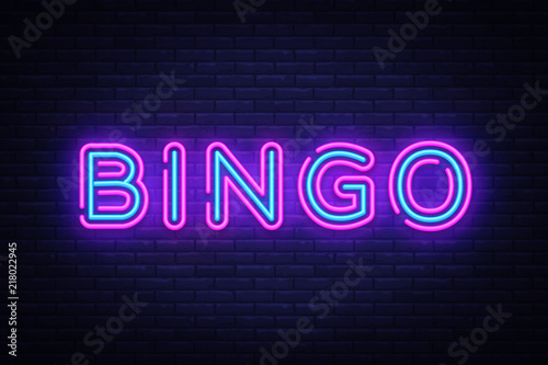 Bingo Neon text Vector. Lottery neon sign, design template, modern trend design, night neon signboard, night bright advertising, light banner, light art. Vector illustration photo