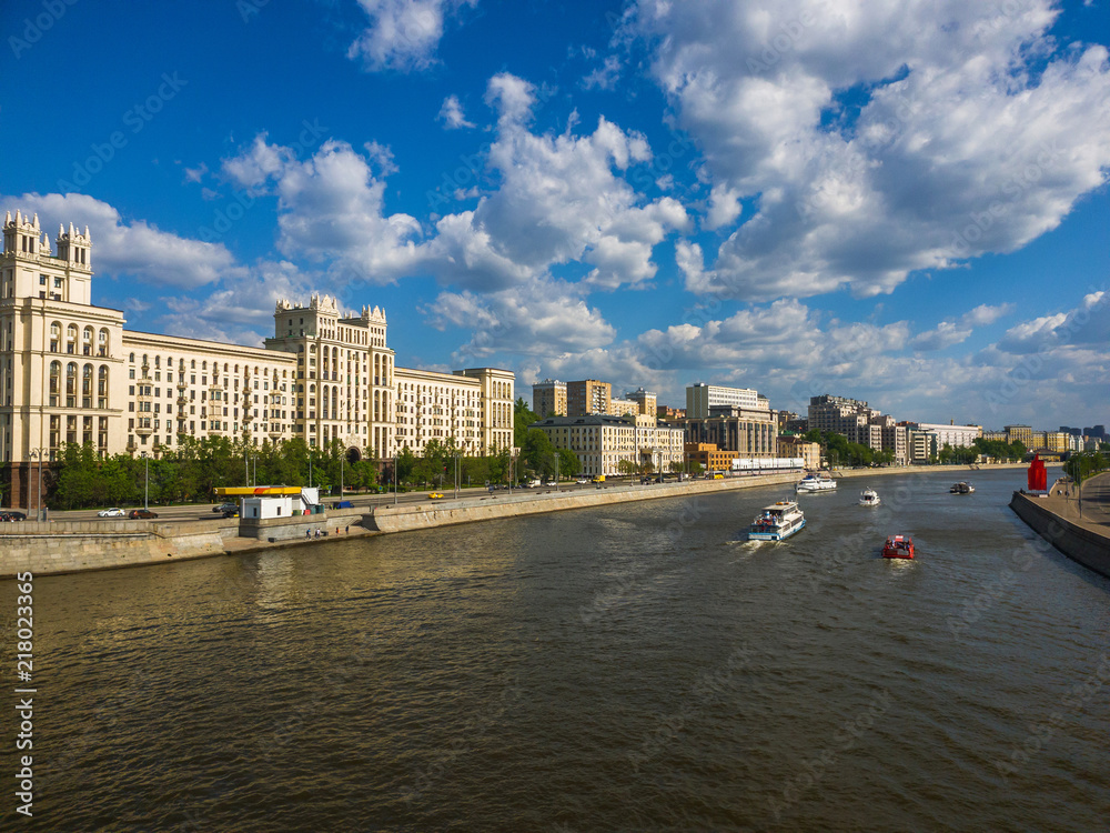 Pleasure boats sail on Moskva river in Russia
