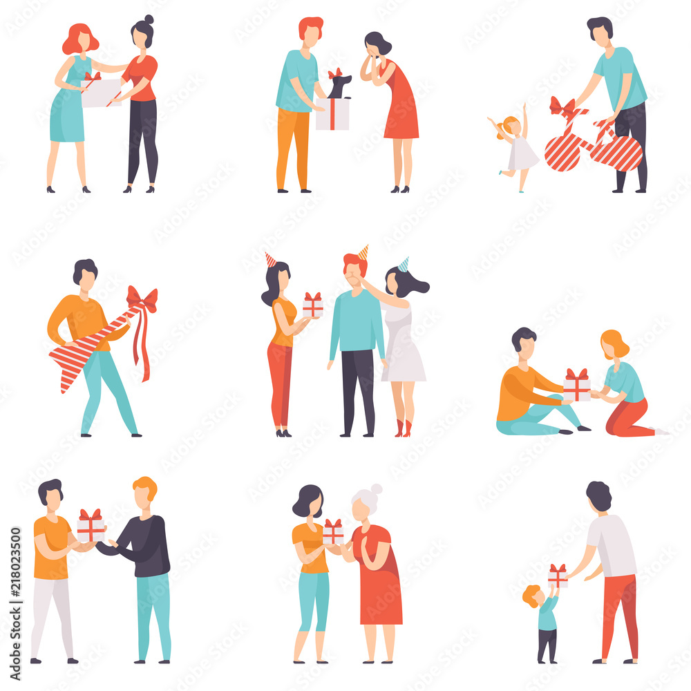 People giving gifts to friends, children, loved ones set, men, women and kids celebrating holidays vector Illustrations on a white background