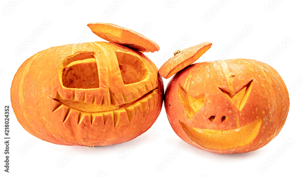 spooky halloween pumpkin lanterns isolated on white with clipping path