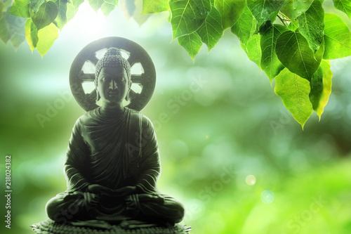 soft focus buddha statue, bodhi leaf with double exposure and len flared, dhamma concept.