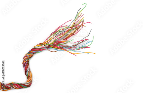 Colorful cables, wires isolated on white background, top view photo