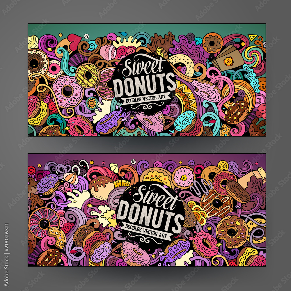 Cartoon cute colorful vector hand drawn doodles Donuts banners design