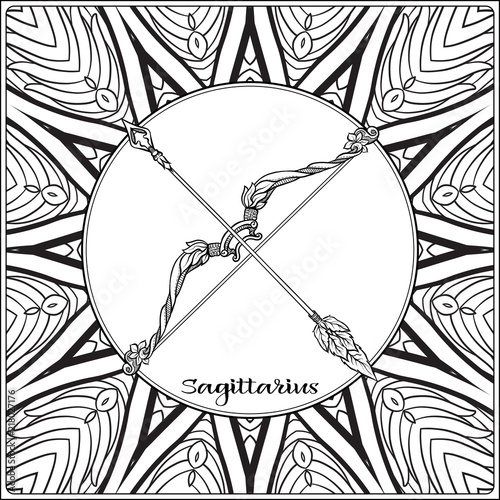 Sagittarius, bow, arrows. Decorative zodiac sign on pattern background. Outline hand drawing. Good for coloring page for the adult coloring book Stock vector illustration.