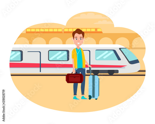 Man with Baggage Wait for Train at Railway Station
