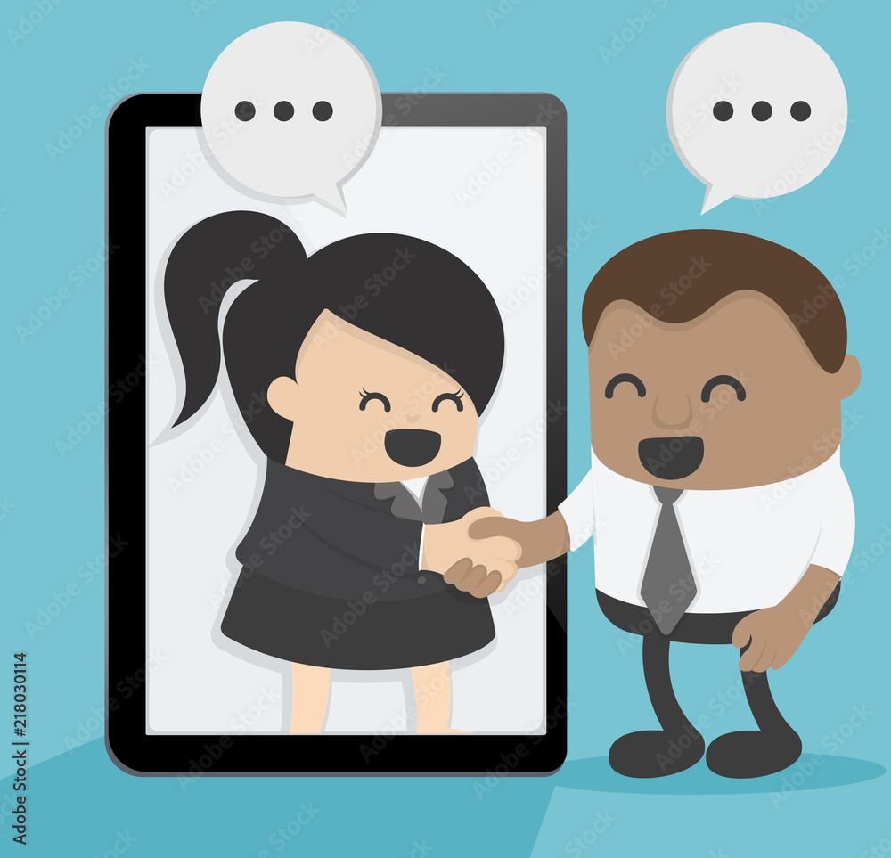 Fototapeta premium Concept business two African businessman and businesswoman interacting with each other through mobile device displays. Online