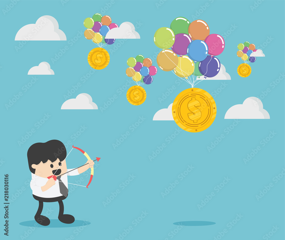Concept businessman aiming at target with bow and arrow Concept businessman aiming at target with bow and arrow
