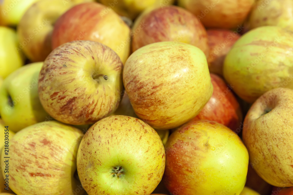 Fresh juicy apples on the store counter. View from above. Fresh juicy apples on the store counter. View from above.