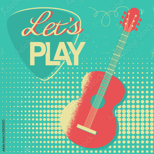 Music poster with acoustic guitar on old retro background for design