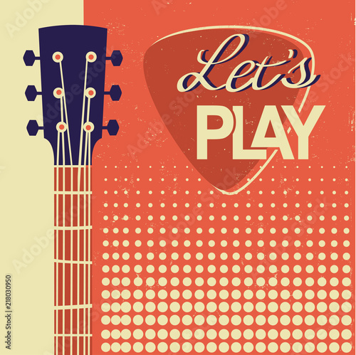 Retro Music poster background with acoustic guitar on old paper