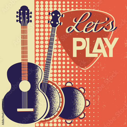 Retro Music poster background with musical instruments on old paper