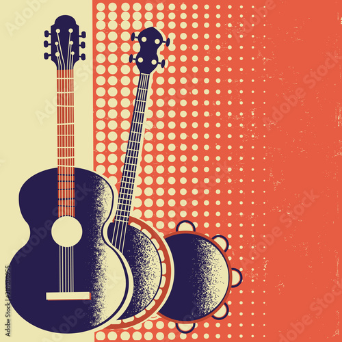 Retro Music poster background with musical instruments on old paper