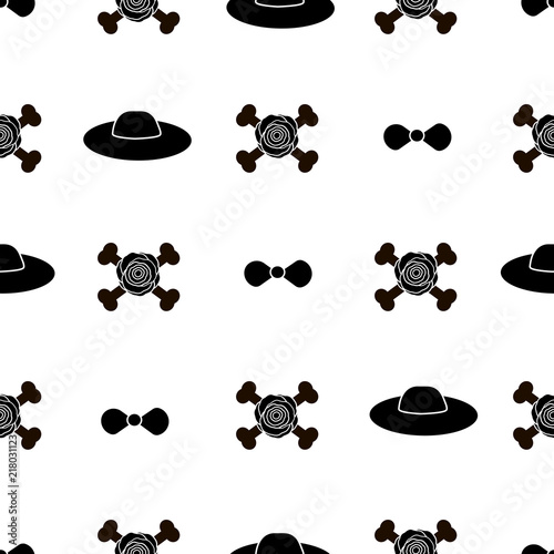 Seamless pattern with black hats, flowers, bow-tie and bones on the white background.