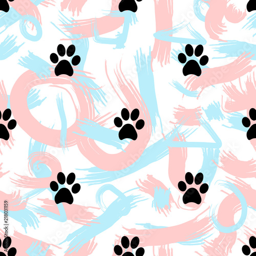 Seamless patterns with black animal footprints and abstract brush strokes.
