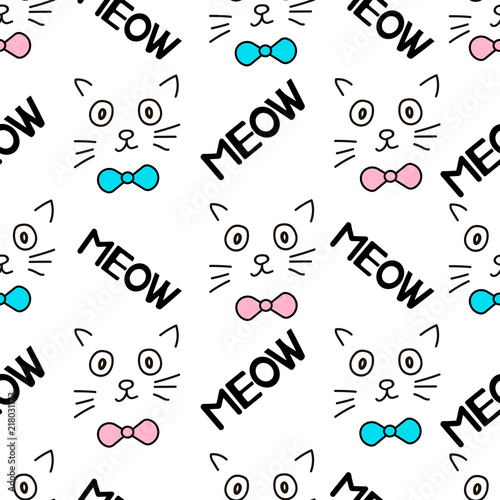 Seamless patterns with faces of the cat and words Meow.