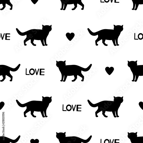 Seamless patterns with cats, hearts and words Love.