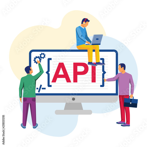 API concept. API as a symbol of the finished code. Group of professional programmers are working on the program. Vector illustration flat design. Isolated on white background.