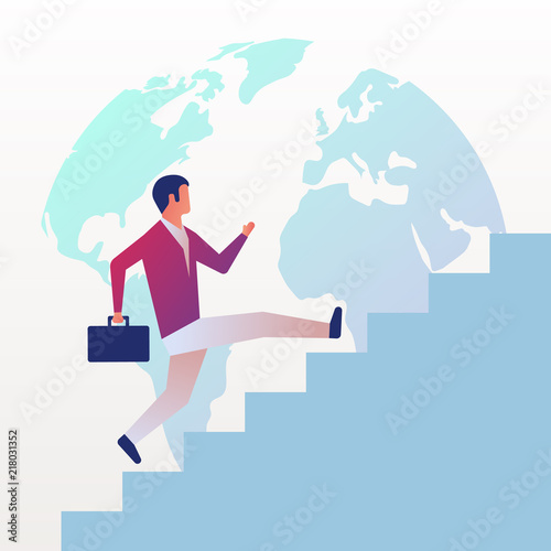 Businessman is climbing career ladder on background globe. Business growth concept. Concept development. Vector illustration flat design. Step by step. Human in suit with briefcase runs down stairs.