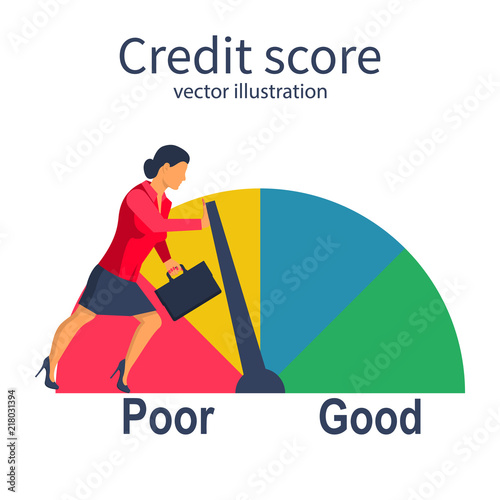 Credit score, gauge. Businesswoman pushing speedometer scale changing personal credit information. Poor and Good. Vector illustration flat design. Isolated on white background. Business aspirations.