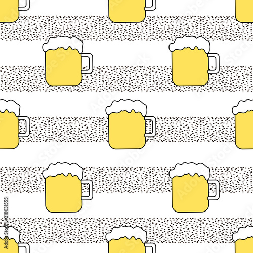 Seamless pattern with beer mug and dots on the white background.