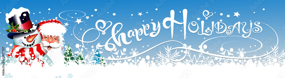 Christmas card with Santa Claus and snowman. Text, calligraphy, happy holiday. Drawing for registration of new year and Christmas holidays. Vector illustration. Christmas card with Santa Claus and snowman. Text, calligraphy, happy holiday. Drawing for registration of new year and Christmas holidays. Vector illustration.