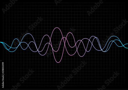 Equalizer vector illustration. Abstract wave icon set for music and sound. Pulsation color wavy motion lines on black background. Radio frequency graph. Graphic digital voice. Stock rate line.