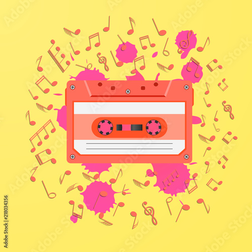 1080s retro music background with magnetic audio tape and notes.