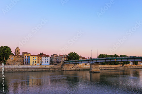 Evening panoramic view of the French city of Arles on the River Rhône. Provence. France.