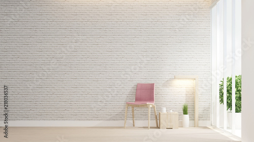 Pink chair and space living room on white brick wall decorate. Living area and brick wall space for add message. Interior simple design. Artwork for residence business. 3D Rendering