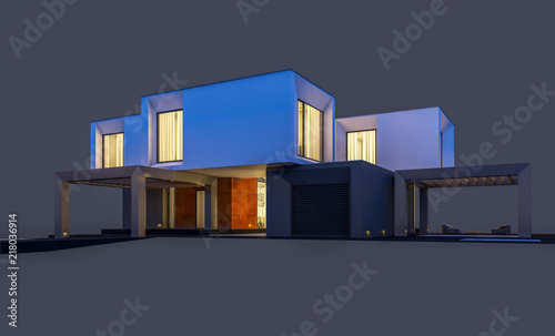 3d rendering of modern cozy house by the river with garage for sale or rent. Cool evening with soft light from window. Isolated on gray.