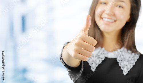 portrait of attractive smile teenage girl show thumbs up gesture