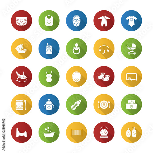 Childcare flat design long shadow glyph icons set