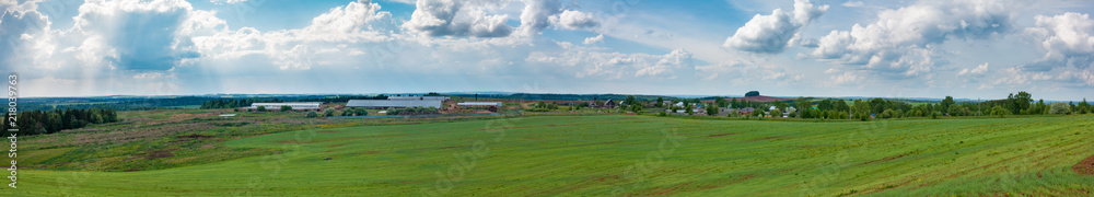 Naklejka premium Panorama of a meadow with green grass and trees