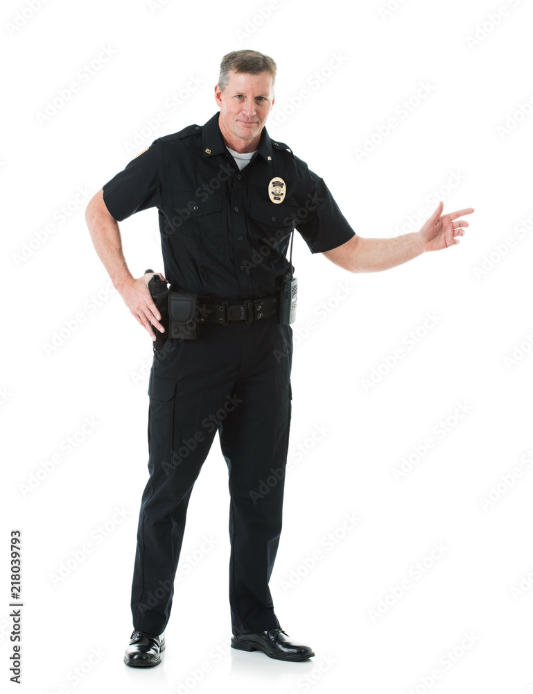Police: Cheerful Policeman Gestures To Side Police: Cheerful Policeman Gestures To Side