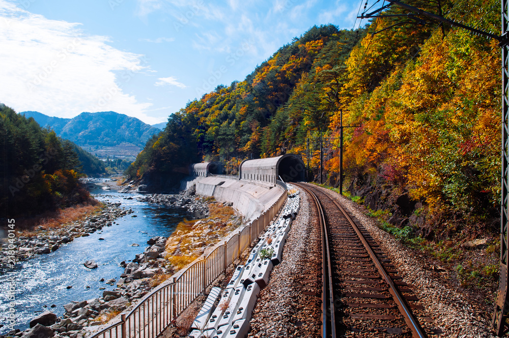 Train tracks and tunnels along stream and autumn forest Baekdudaegan Mountain Range Canyon, South Korea