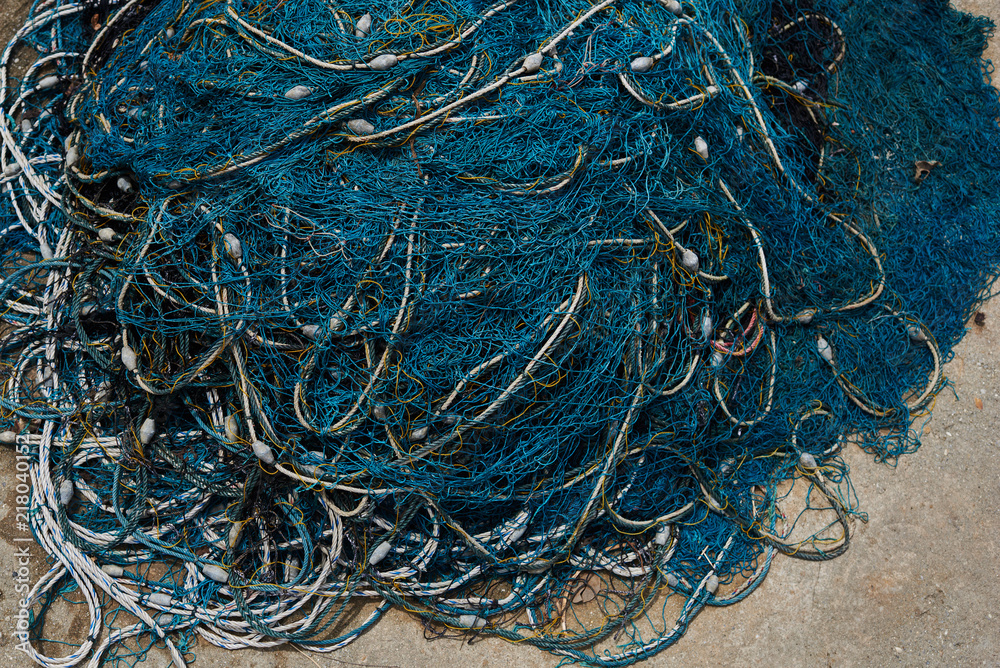 Fishing nets still life.  Abstract background with a pile of fishing nets.