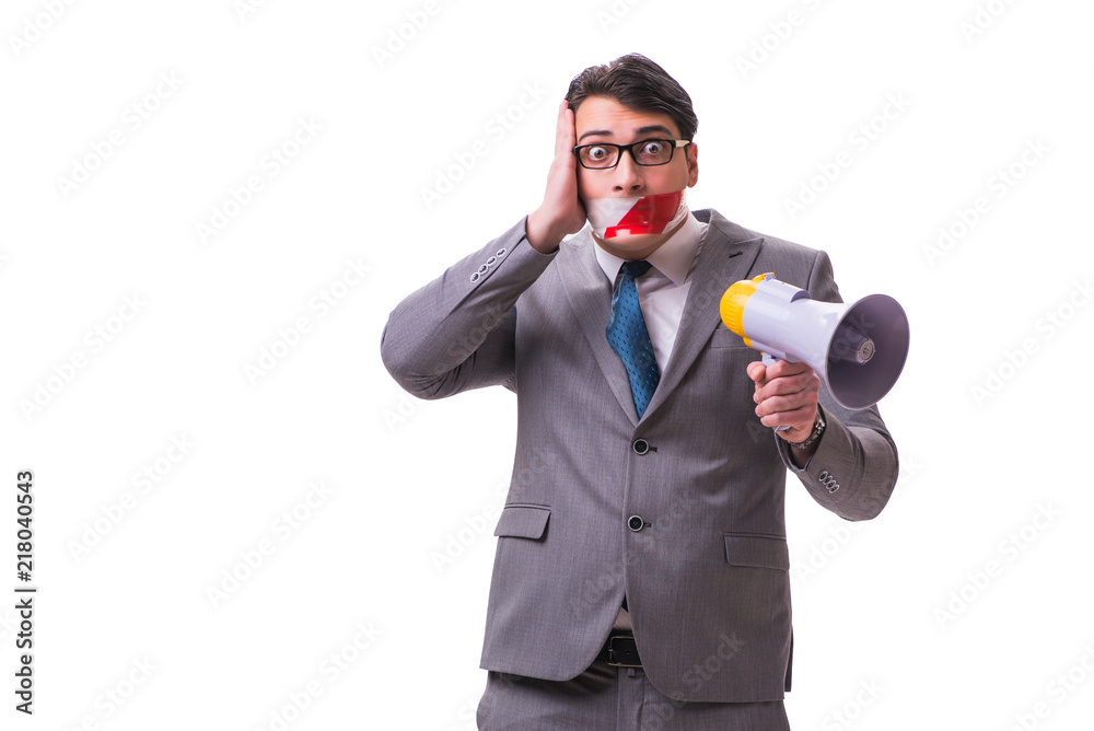 Funny businessman with loudspeaker isolated on white Funny businessman with loudspeaker isolated on white