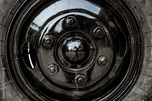 The wheel of the old Soviet military machine. In the park of the exhibits of military equipment