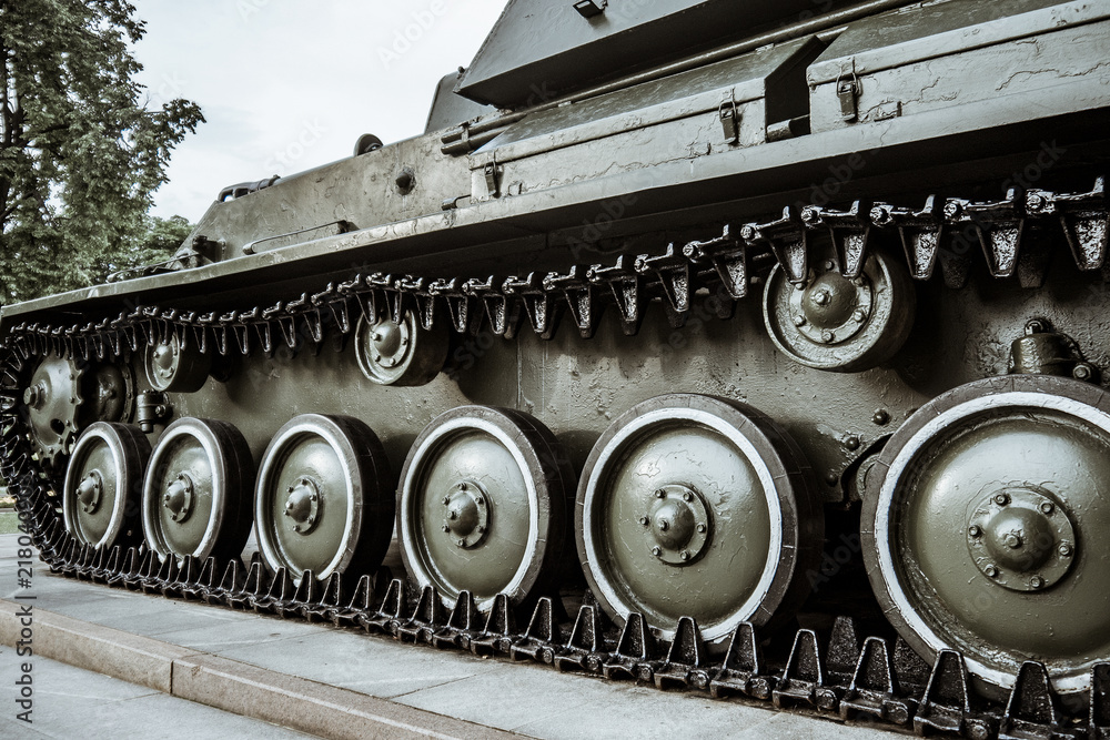 Caterpillars of the old Soviet military machine. In the park there are exhibits of military equipment.
