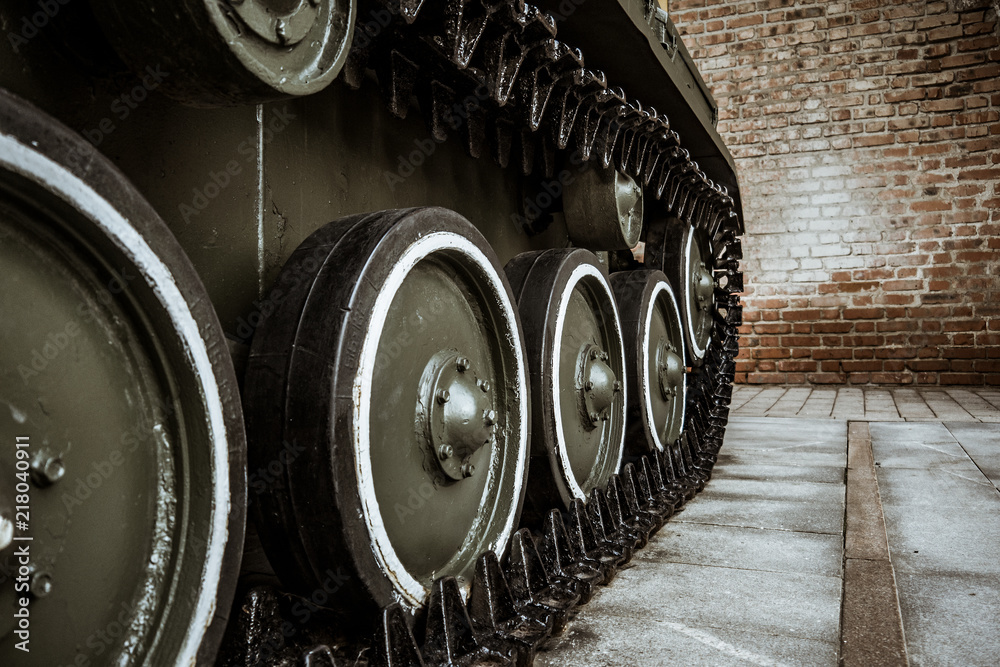 Caterpillars of the old Soviet military machine. In the park there are exhibits of military equipment.