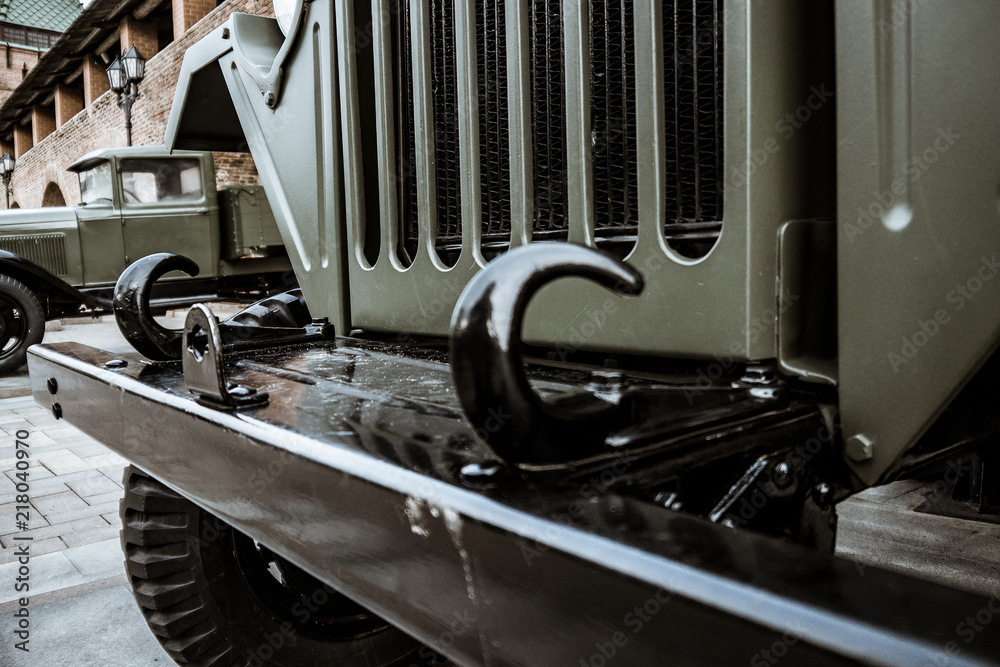 Details of the old Soviet military machine. In the park of the exhibits of military equipment