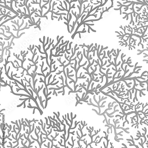 Sea world seamless pattern, background with fish, corals and shells on white background. Stock vector illustration. In monochrome gray colors