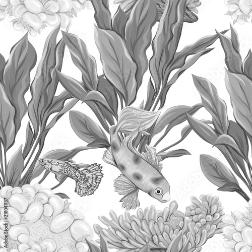 Sea world seamless pattern, background with fish, corals and shells on white background. Stock vector illustration. In monochrome gray colors