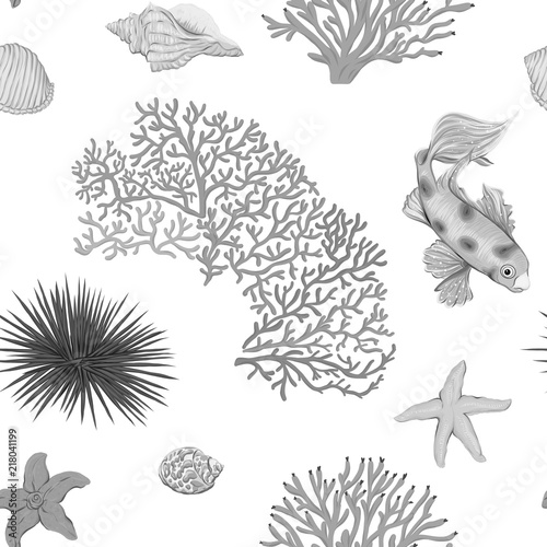 Sea world seamless pattern, background with fish, corals and shells on white background. Stock vector illustration. In monochrome gray colors