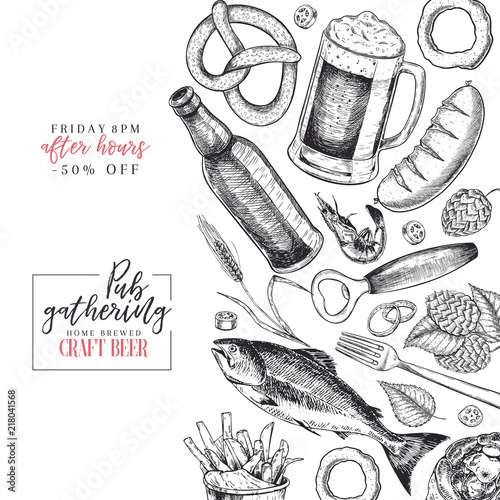 Hand drawn Oktoberfest pub poster. Beer and snacks. Vector glass, bottle, opener, fish, pretzel, barley, hop, food. Bar alcohol beverages. Craft brewery. Discount banner, festival, menu, flyer, poster