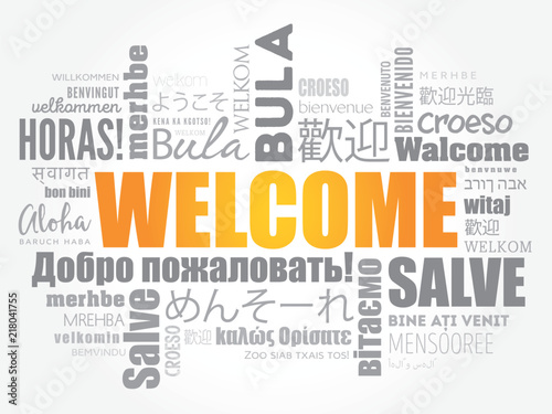 WELCOME word cloud in different languages, conceptual background photo